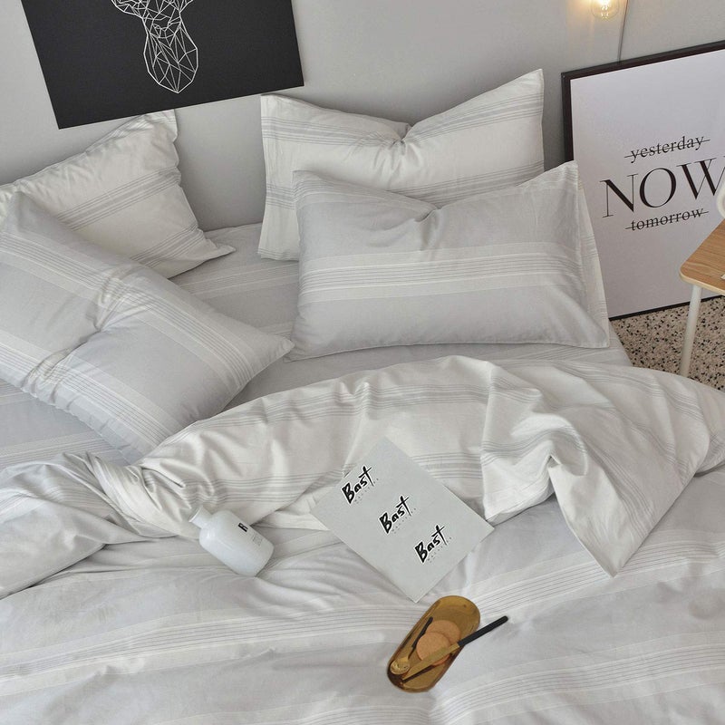 OREISE Duvet Cover Set King Size 100% Cotton White/Light Gray Printed Striped Style Reversible Design 3Piece Bedding Set (1 Duvet Cover + 2 Pillow Shams) with Zipper Closure Soft Breathable Luxury - Image 3
